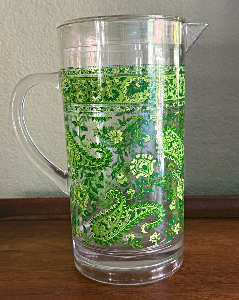 Pottery Barn Polycarbonate Clear/Green Paisley Pitcher w/ Handle 10in Taiwan